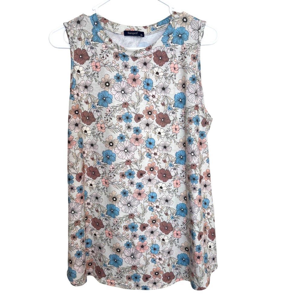 Sampeel Tank Top Floral Sleeveless Beige Blue Pink XL Boho Cottagecore